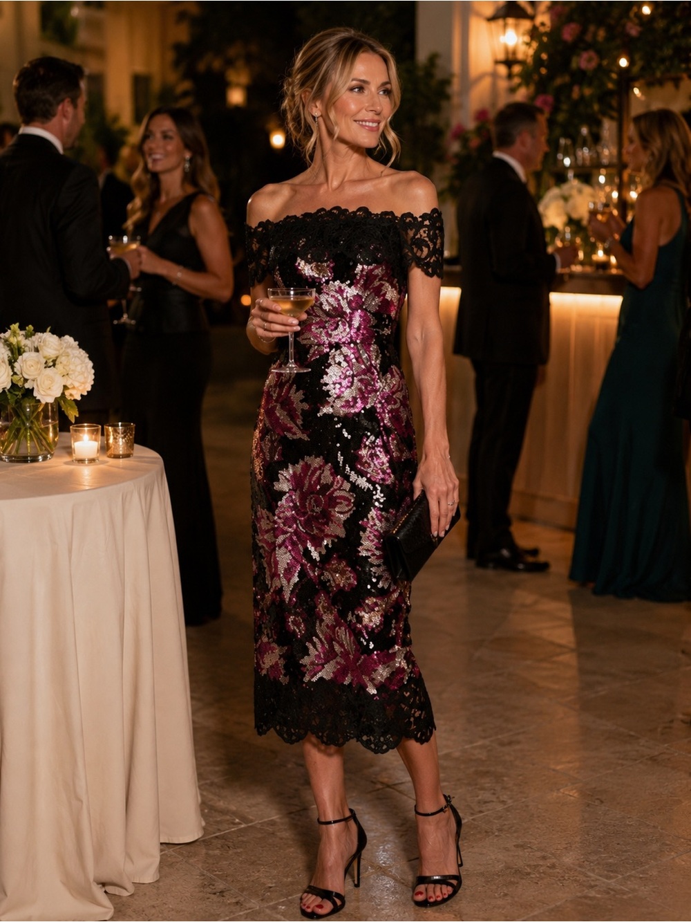 MARCHESA NOTTE Floral Lace Black/Purple Sequin Sheath Dress 0